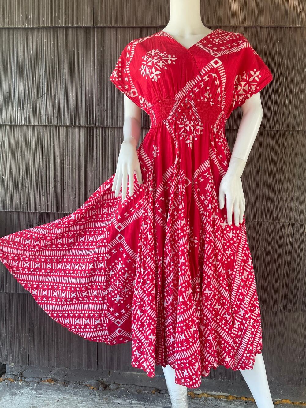 🔥Phool cap sleeves smocked waist full circle geometric batik print midi dress